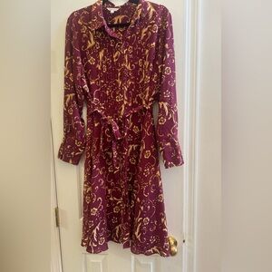 Burgundy Floral Tie Waist Dress | Long Sleeve Vintage Inspired